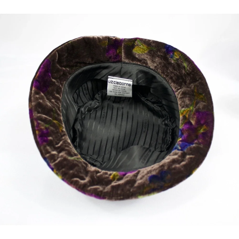 Vintage Liz Claiborne Brown Floral Velvet Bucket Hat w Bow OS Grannycore‎